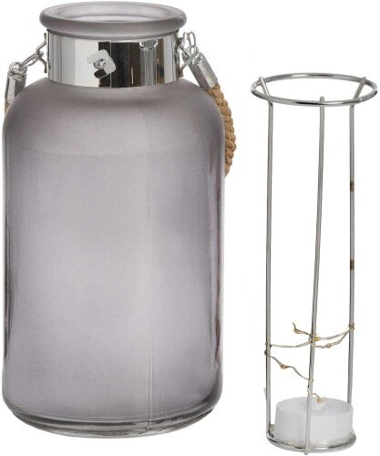 Frosted Grey Glass Lantern With Rope Detail And Led