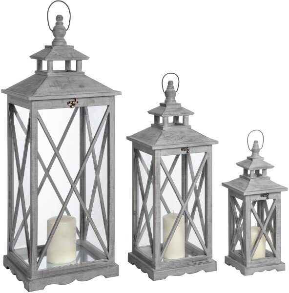 Set Of Three Wooden Lanterns With Traditional Cross Section