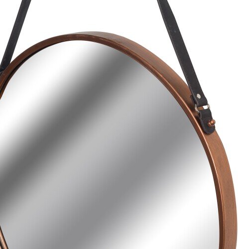 Copper Rimmed Round Hanging Wall Mirror With Black Strap