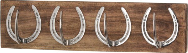 Four Nickel Horse Shoe Hooks On Wooden Board