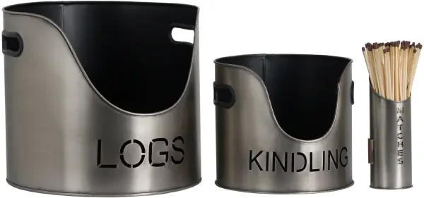 Pewter Finish Logs And Kindling Buckets & Matchstick Holder