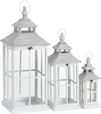 Set Of 3 White Window Style Lanterns With Open Top