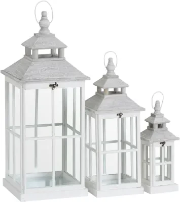 Set Of 3 White Window Style Lanterns With Open Top