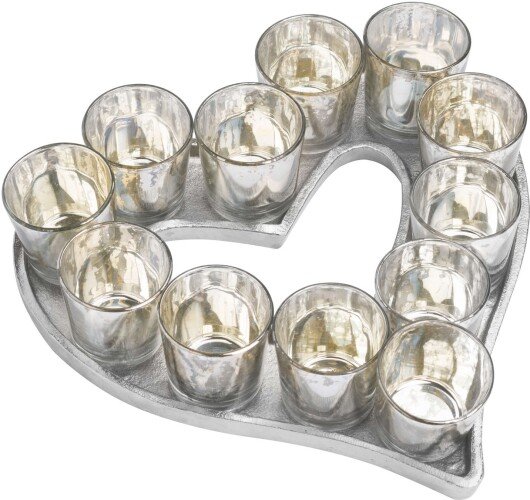 Cast Aluminium Heart Tray With Silver Glass Votives