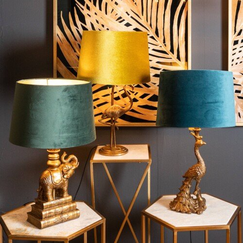 Antique Gold Peacock Lamp With Teal Velvet Shade