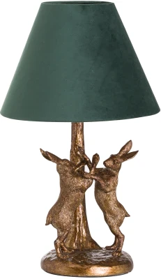 Antique Gold Marching Hares Lamp With Green Velvet Shade