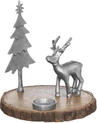 Stag And Tree Log Slice Candle Holder