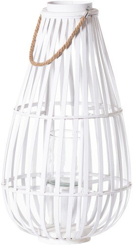 Large White Floor Standing Domed Wicker Lantern With Rope