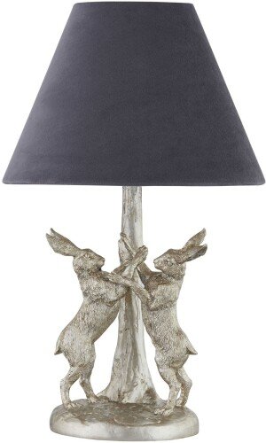 Antique Silver Marching Hares Lamp with Grey Velvet Shade