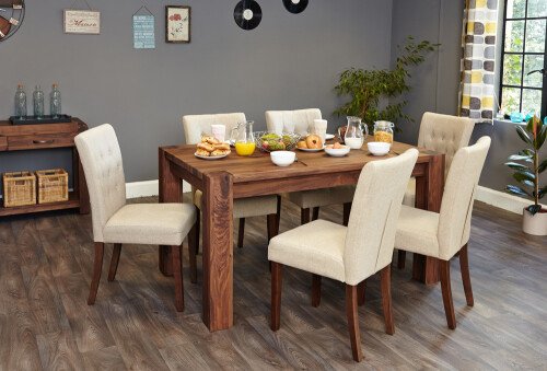 Mayan Walnut Extending Dining Table With 6 x Biscuit Flare Back Upholstered Dining Chair Bundle