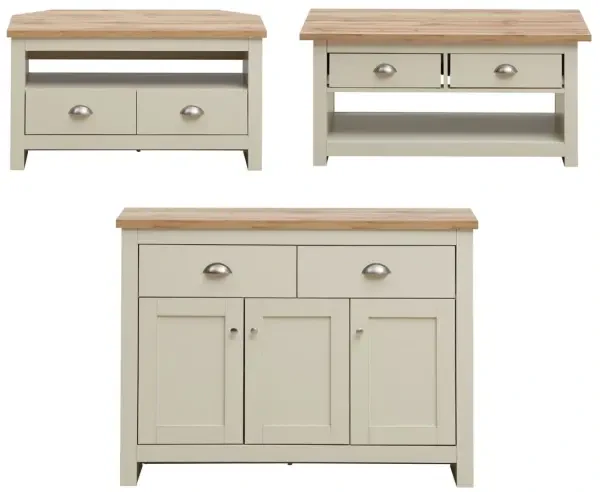 Lisbon 3 Piece Set Living Room Set (Corner Tv Unit, 3 Doors & 2 Drawer Sideboard, 2 Drawer Coffee Table) Cream