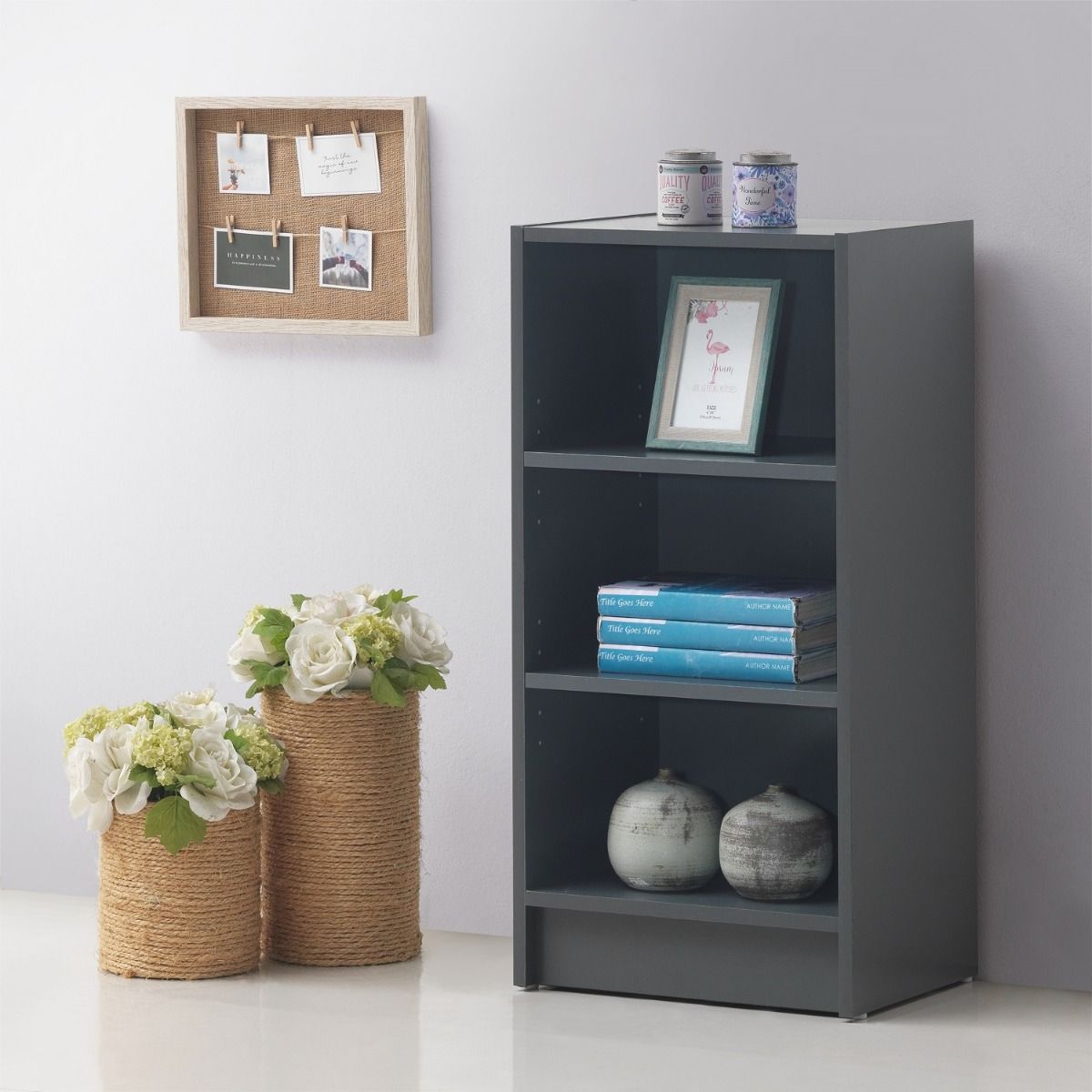 Compactable Bookcase Dark Grey Essentials Small Narrow Bookcase with Adjustable Shelves - No ...